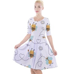 Bee Art Pattern Design Wallpaper Background Print Quarter Sleeve A-line Dress by Ravend