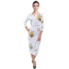 Bee Art Pattern Design Wallpaper Background Print Quarter Sleeve Midi Velour Bodycon Dress by Ravend