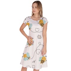 Bee Art Pattern Design Wallpaper Background Print Classic Short Sleeve Dress by Ravend