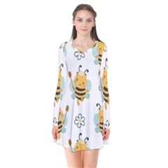 Art Bee Pattern Design Wallpaper Background Long Sleeve V-neck Flare Dress by Ravend