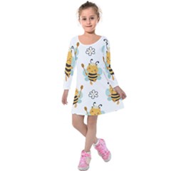 Art Bee Pattern Design Wallpaper Background Kids  Long Sleeve Velvet Dress by Ravend