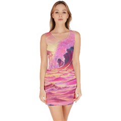 Ai Generated Waves Ocean Sea Tsunami Nautical Red Yellow Bodycon Dress by Ravend