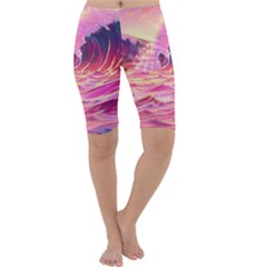 Ai Generated Waves Ocean Sea Tsunami Nautical Red Yellow Cropped Leggings  by Ravend