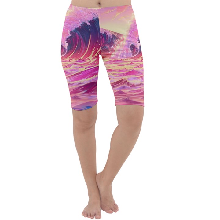 Ai Generated Waves Ocean Sea Tsunami Nautical Red Yellow Cropped Leggings 