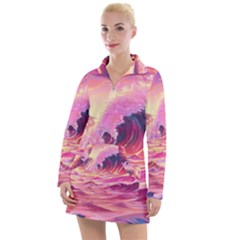 Ai Generated Waves Ocean Sea Tsunami Nautical Red Yellow Women s Long Sleeve Casual Dress by Ravend