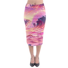 Ai Generated Waves Ocean Sea Tsunami Nautical Red Yellow Midi Pencil Skirt by Ravend