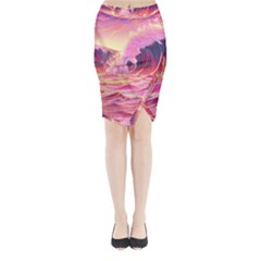 Ai Generated Waves Ocean Sea Tsunami Nautical Red Yellow Midi Wrap Pencil Skirt by Ravend