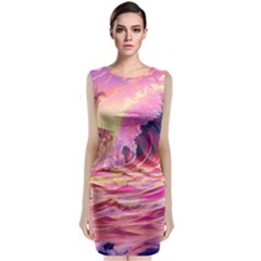 Ai Generated Waves Ocean Sea Tsunami Nautical Red Yellow Sleeveless Velvet Midi Dress by Ravend