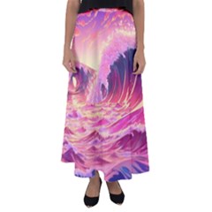 Ai Generated Waves Ocean Sea Tsunami Nautical Red Yellow Flared Maxi Skirt by Ravend