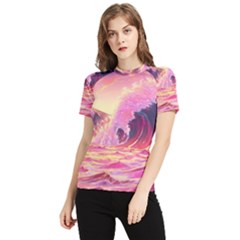 Ai Generated Waves Ocean Sea Tsunami Nautical Red Yellow Women s Short Sleeve Rash Guard by Ravend