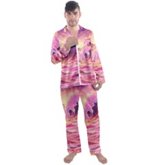 Ai Generated Waves Ocean Sea Tsunami Nautical Red Yellow Men s Long Sleeve Satin Pajamas Set by Ravend