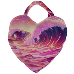 Ai Generated Waves Ocean Sea Tsunami Nautical Red Yellow Giant Heart Shaped Tote by Ravend