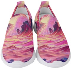 Ai Generated Waves Ocean Sea Tsunami Nautical Red Yellow Kids  Slip On Sneakers by Ravend