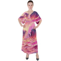 Ai Generated Waves Ocean Sea Tsunami Nautical Red Yellow V-neck Boho Style Maxi Dress by Ravend