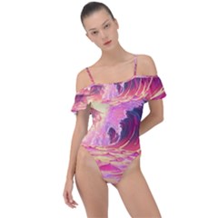 Ai Generated Waves Ocean Sea Tsunami Nautical Red Yellow Frill Detail One Piece Swimsuit by Ravend