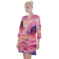 Ai Generated Waves Ocean Sea Tsunami Nautical Red Yellow Open Neck Shift Dress by Ravend