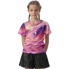 Ai Generated Waves Ocean Sea Tsunami Nautical Red Yellow Kids  Front Cut Tee by Ravend