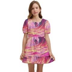 Ai Generated Waves Ocean Sea Tsunami Nautical Red Yellow Kids  Short Sleeve Dolly Dress by Ravend