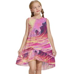 Ai Generated Waves Ocean Sea Tsunami Nautical Red Yellow Kids  Frill Swing Dress by Ravend