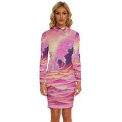 Ai Generated Waves Ocean Sea Tsunami Nautical Red Yellow Long Sleeve Shirt Collar Bodycon Dress by Ravend