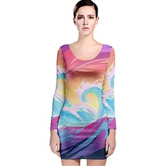 Ai Generated Waves Ocean Sea Tsunami Nautical Long Sleeve Bodycon Dress by Ravend