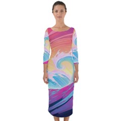 Ai Generated Waves Ocean Sea Tsunami Nautical Quarter Sleeve Midi Bodycon Dress by Ravend