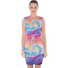 Ai Generated Waves Ocean Sea Tsunami Nautical Capsleeve Drawstring Dress  by Ravend