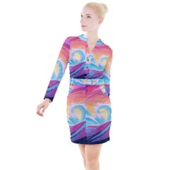 Ai Generated Waves Ocean Sea Tsunami Nautical Button Long Sleeve Dress by Ravend