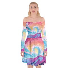 Ai Generated Waves Ocean Sea Tsunami Nautical Off Shoulder Skater Dress by Ravend