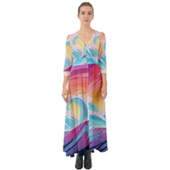 Ai Generated Waves Ocean Sea Tsunami Nautical Button Up Boho Maxi Dress by Ravend