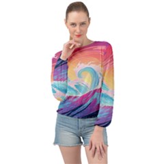 Ai Generated Waves Ocean Sea Tsunami Nautical Banded Bottom Chiffon Top by Ravend