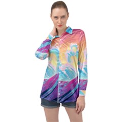 Ai Generated Waves Ocean Sea Tsunami Nautical Long Sleeve Satin Shirt