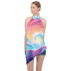 Ai Generated Waves Ocean Sea Tsunami Nautical Halter Asymmetric Satin Top by Ravend