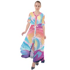 Ai Generated Waves Ocean Sea Tsunami Nautical Waist Tie Boho Maxi Dress by Ravend