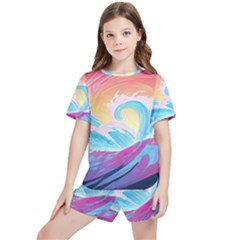 Ai Generated Waves Ocean Sea Tsunami Nautical Kids  Tee And Sports Shorts Set by Ravend