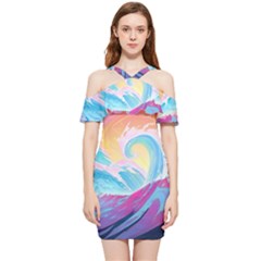 Ai Generated Waves Ocean Sea Tsunami Nautical Shoulder Frill Bodycon Summer Dress by Ravend