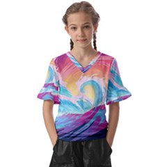 Ai Generated Waves Ocean Sea Tsunami Nautical Kids  V-neck Horn Sleeve Blouse by Ravend