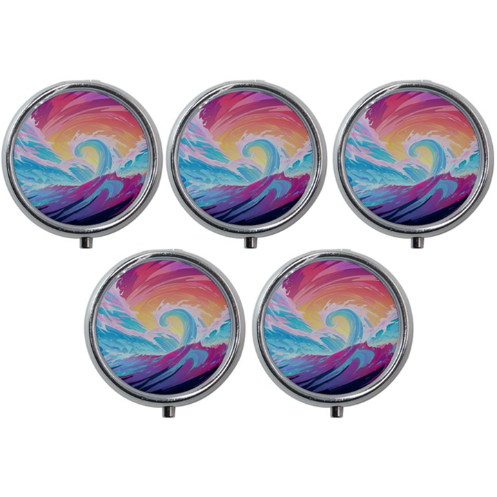 Ai Generated Waves Ocean Sea Tsunami Nautical Mini Round Pill Box (Pack of 5)