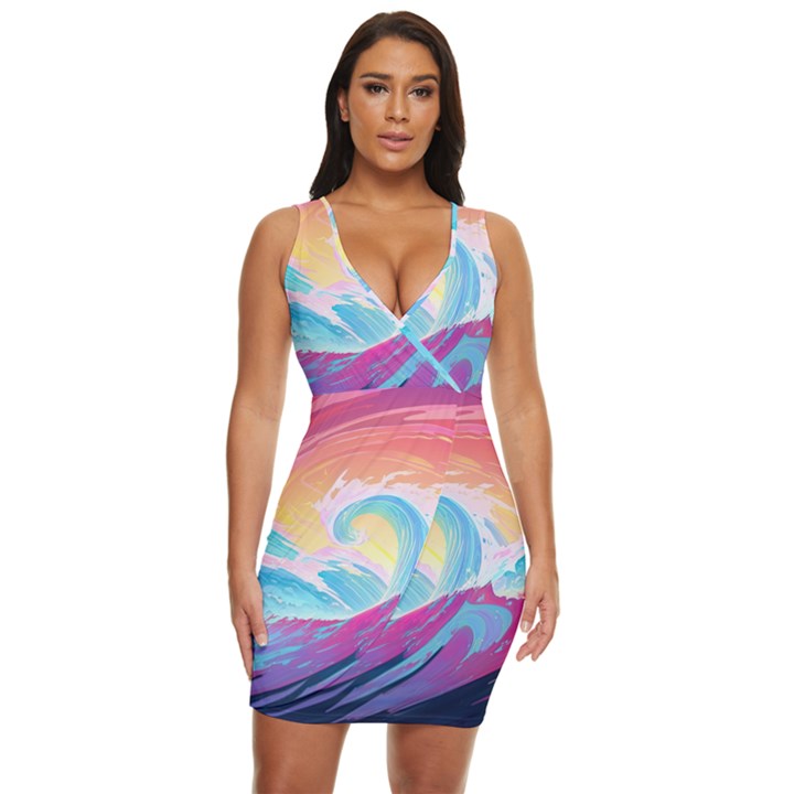 Ai Generated Waves Ocean Sea Tsunami Nautical Draped Bodycon Dress