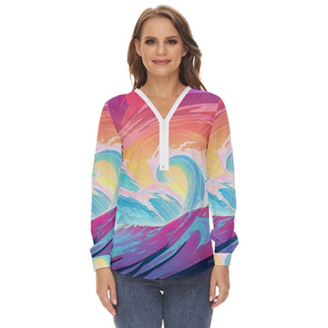 Ai Generated Waves Ocean Sea Tsunami Nautical Zip Up Long Sleeve Blouse by Ravend