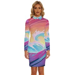 Ai Generated Waves Ocean Sea Tsunami Nautical Long Sleeve Shirt Collar Bodycon Dress by Ravend