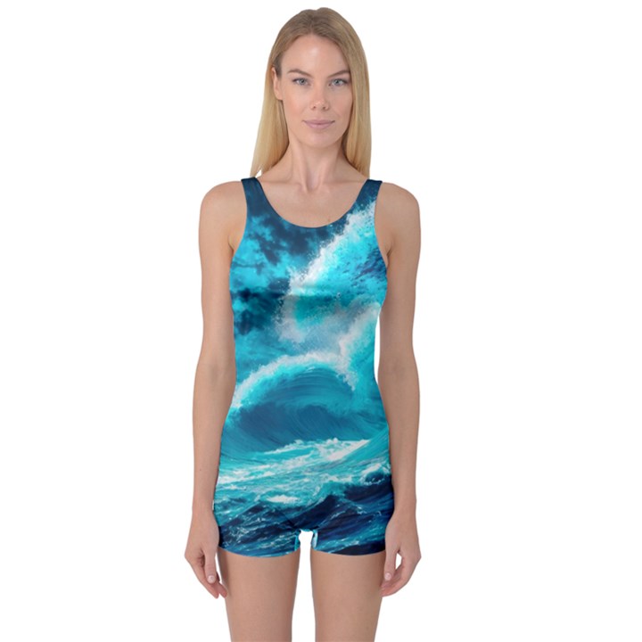 Ai Generated Waves Ocean Sea Tsunami Nautical Sea One Piece Boyleg Swimsuit