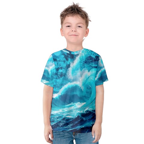 Ai Generated Waves Ocean Sea Tsunami Nautical Sea Kids  Cotton Tee by Ravend