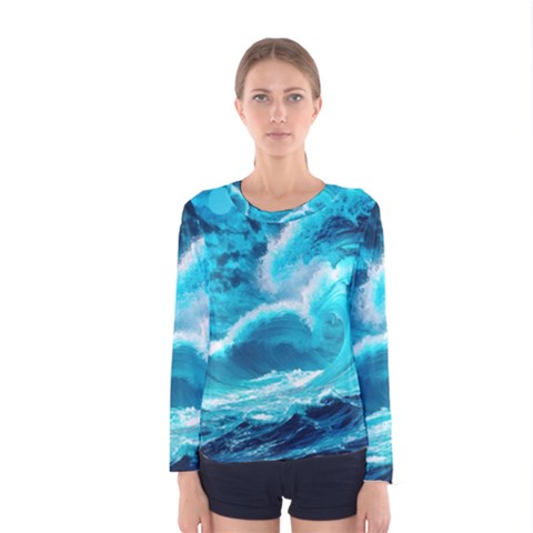 Ai Generated Waves Ocean Sea Tsunami Nautical Sea Women s Long Sleeve Tee by Ravend