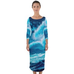 Ai Generated Waves Ocean Sea Tsunami Nautical Sea Quarter Sleeve Midi Bodycon Dress by Ravend