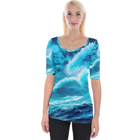 Ai Generated Waves Ocean Sea Tsunami Nautical Sea Wide Neckline Tee by Ravend