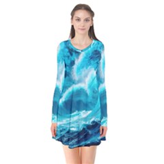 Ai Generated Waves Ocean Sea Tsunami Nautical Sea Long Sleeve V-neck Flare Dress by Ravend