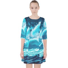 Ai Generated Waves Ocean Sea Tsunami Nautical Sea Quarter Sleeve Pocket Dress by Ravend