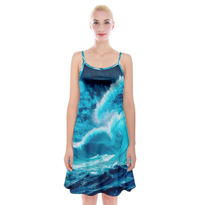 Ai Generated Waves Ocean Sea Tsunami Nautical Sea Spaghetti Strap Velvet Dress