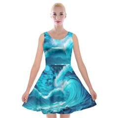 Ai Generated Waves Ocean Sea Tsunami Nautical Sea Velvet Skater Dress by Ravend